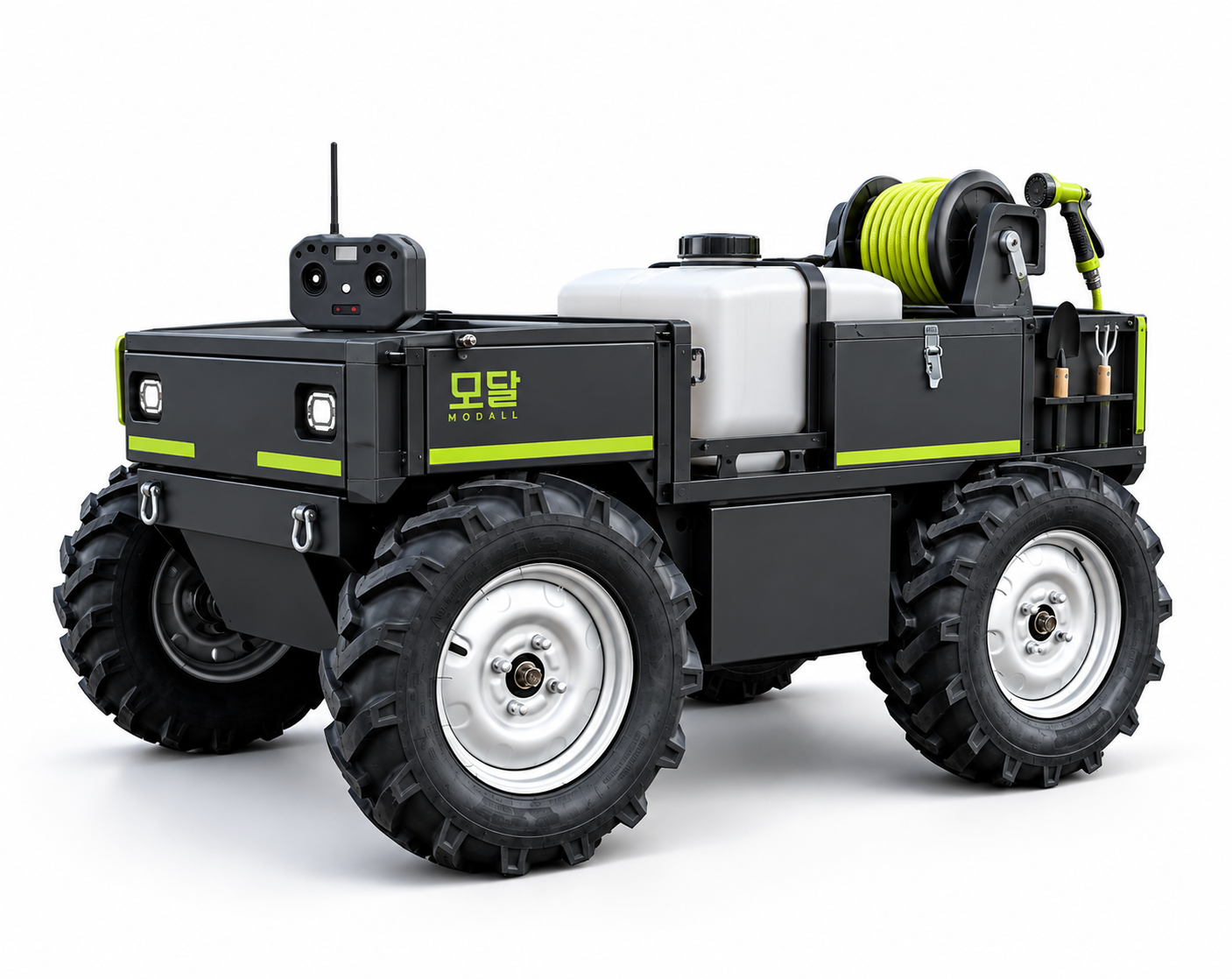 Modall Verde: conceito fictício com quatro rodas, tanque de água e mangueira para manutenção de parques